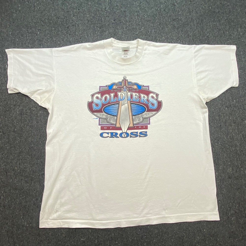 Fruit of the Loom T Shirt XXL Mens White Vintage 90s Soldiers of the Cross Sword